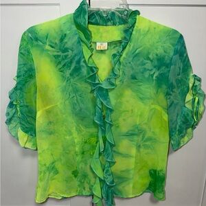 Women's Green Ruffle Front Blouse. Size-between S and M.